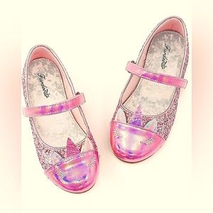 Furdeour Girls Dress Shoes Mary Jane Party Glitter Princess Flats- unicorn pink